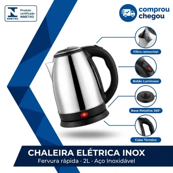 Chaleira Elétrica Inox 2 Litros Bivolt 110/220V Ferve Rápido Base Giratória 360° Auto Desligamento