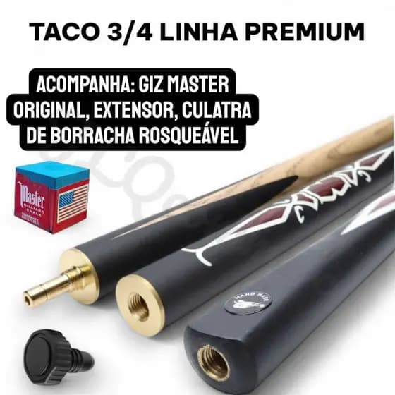 Taco de sinuca 3/4 linha premium + giz master + extensor + culatra rosqueada proteção