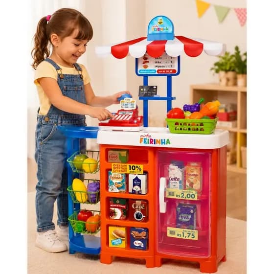 Mercadinho Infantil Minha Feirinha Samba Toys com Caixa Registradora, Geladeira e Frutas Educativo
