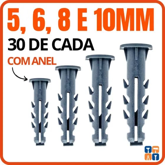 Kit Buchas 5 6 8 e 10mm com Anel Kit Bucha 5 6 8 10 com Aba para Fixação em Parede Concreto