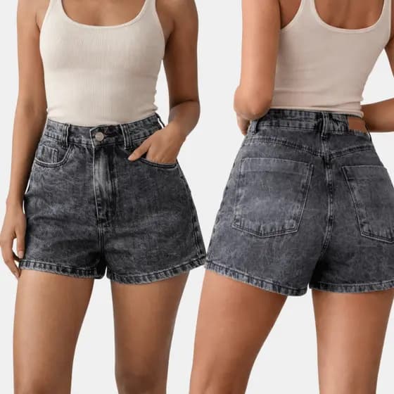 Short Preto stonado barra tradicional com bolso verdadeiro jeans premium 100% jeans