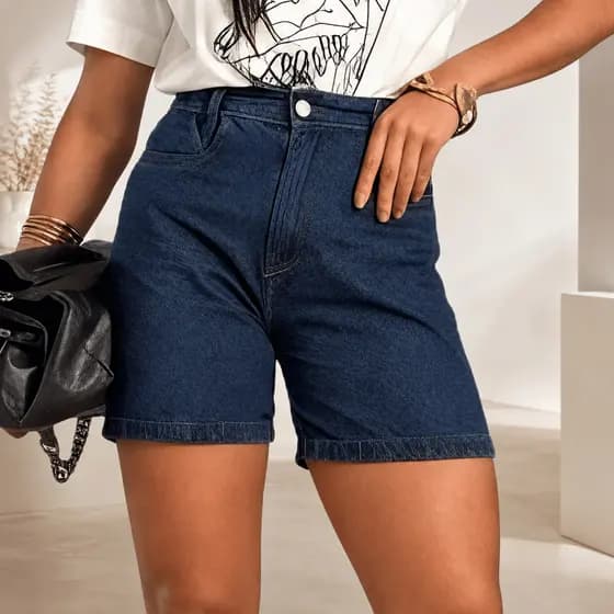 Shorts Feminino Jeans Escuro Cós Alto Short Bermuda Soltinho Estiloso Casual Moderno
