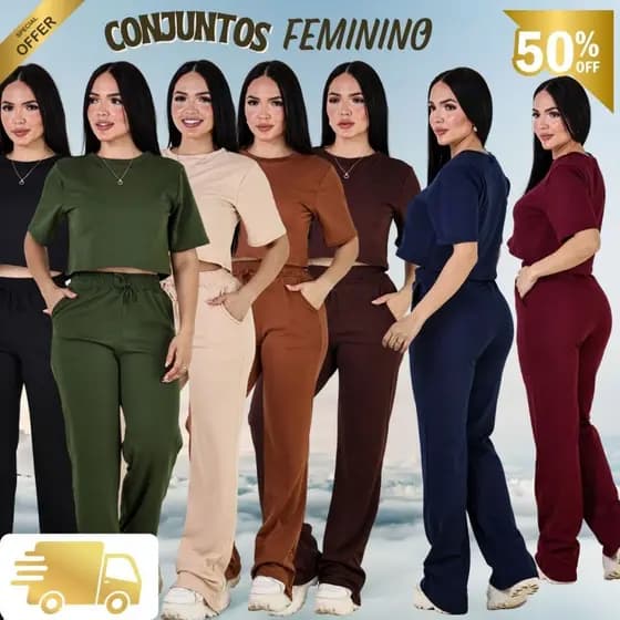Conjunto Feminino Canelado Casual Confortável Manga Curta + Calça Wide Leg