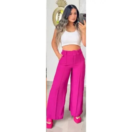 Calça Pantalona De Duna Com Cinto Faixa E Fivela Forrada