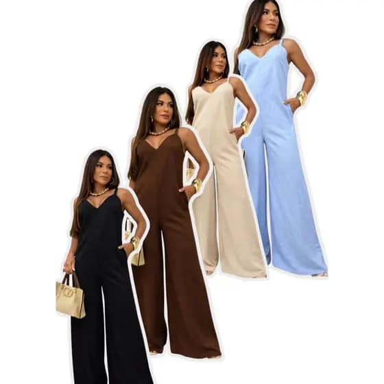 Macacão Feminino Alfaiataria Pantalona com Bojo Zíper Costas Bolsos Alças Reguláveis Elegante Moda Feminina