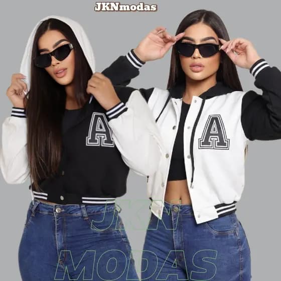 JAQUETA Bomber Feminina Moleto Varsity COM CAPUZ Moda Gringa Americana Colegial Letra A Streetwear e Conforto)