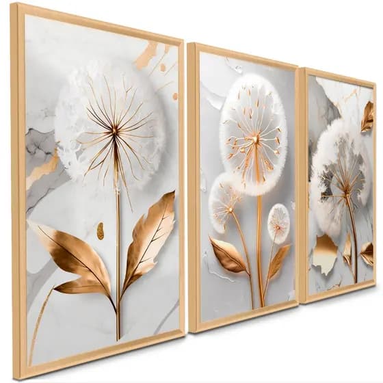 flores dente de leão brancos e dourados quadros 3 peças decorativos(DENTE LEÃO BRANCO)