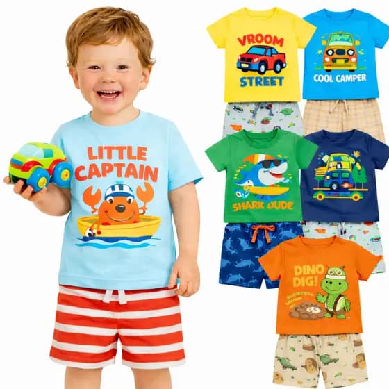 Kit Sortido 2 ou 4 Peças de Roupas Infantil Menino Verão Conjunto de Bebê Masculino Verão Manga Curta e Shorts Sortidos