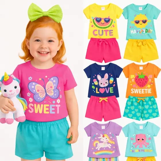 Kit Sortido 4 Peças Roupa Infantil Menina Verão Conjunto Feminino de Bebê Verão Entrega Rápida Moda Infantil Verão