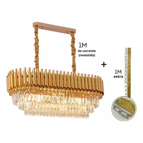 Lustre Pendente Moderno De Luxo Dourado Retangular L10 E14 Cristal