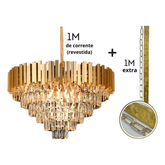 Lustre Pendente Moderno De Luxo Vana Gold 3 L15 E14 Dourado 1m Cabo + 1m Extra Cristal