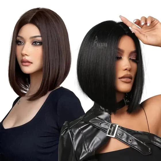 Peruca Lace Wig Curta Lisa Fibra Orgânica Premium Sem Franja bob
