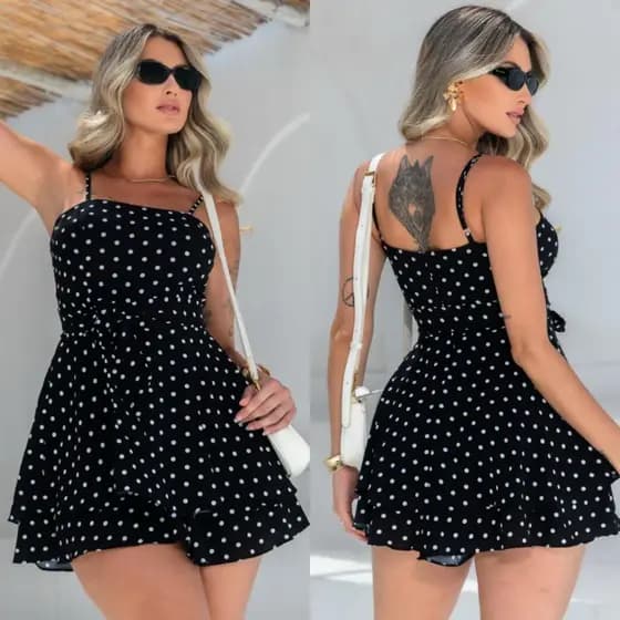 Macaquinho Feminino Poá Estilo Vestido Rodado com Laço Removível Alça Ajustável Verão blogueira