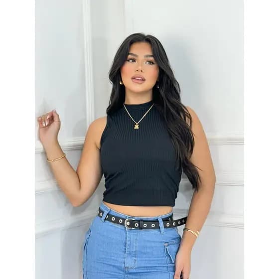 Blusa Feminina Cropped Canelado Gola Alta Sem Manga Top Blogueira