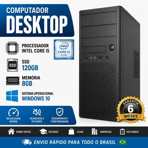 Computador Desktop Core i5 8GB SSD 120GB Torre Pronta Para Uso Escritório Estudo Loja