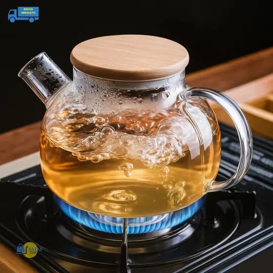 Chaleira de Vidro Tampa de Bambu 1L Bule Infusor Borossilicato Resistente a Calor Cozinha