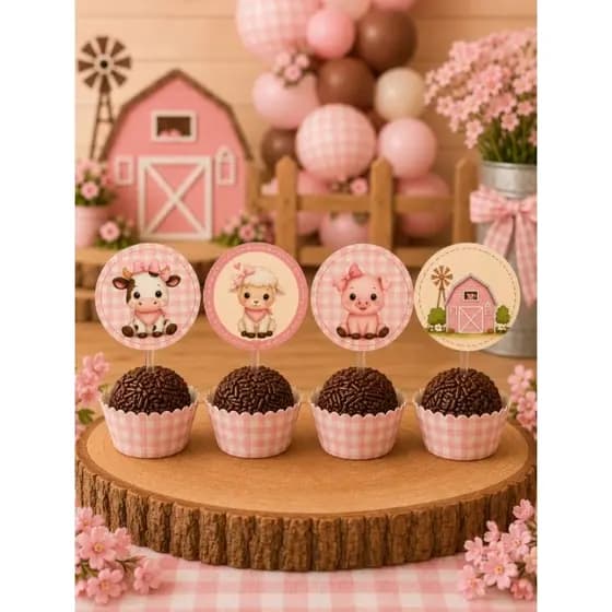 Kit 30 Toppers para Docinho Fazendinha Rosa Menina | Apliques para doces | Festa Fazendinha | Tema fazenda menina.