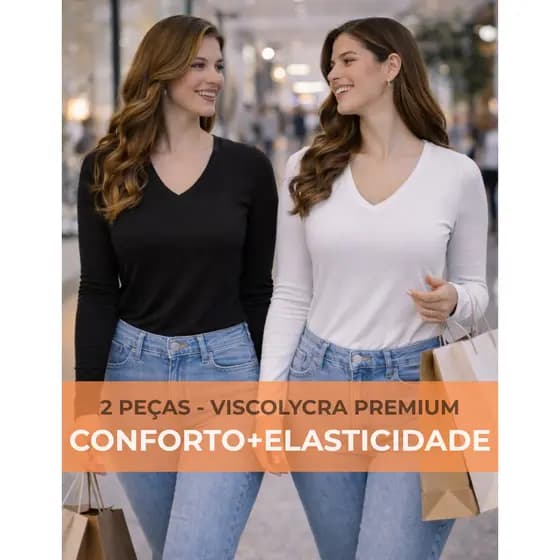 Kit 2 Blusas Feminina Manga Longa em Viscolycra Gola V T-Shirt Segunda Pele