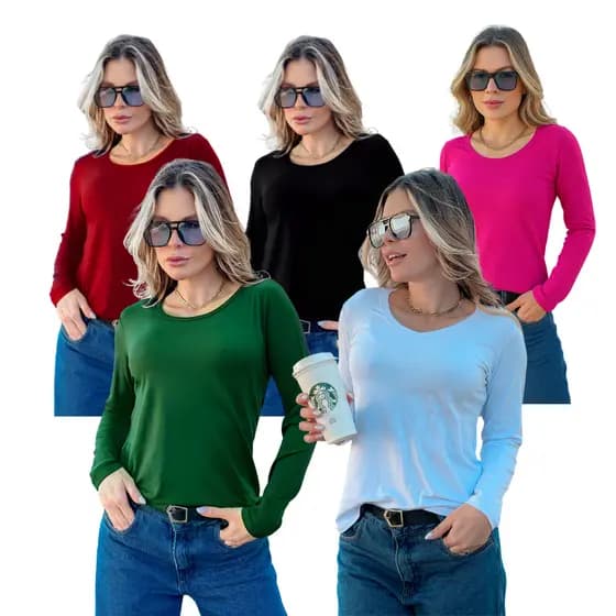 Blusa Manga Longa Básica Feminina Gola V Manga Longa em Viscolycra P, M, G E GG Segunda Pele