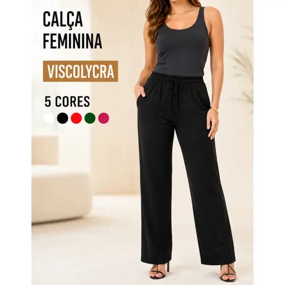Calça Pantalona Cintura Alta Com Bolso Social Trabalho Casual Estética Básica Viscolycra