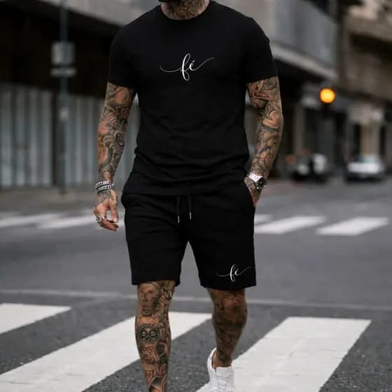 Kit Camiseta Fé Bermuda Moletom Short Confortável Bolso Lateral Conjunto Verão Casual