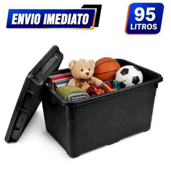 Caixa Organizadora 95 Litros Preta Com Rodinhas e Trava Para Transporte