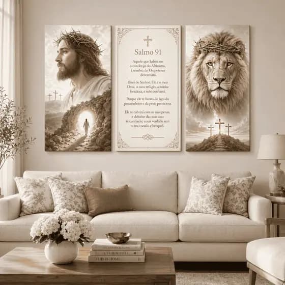 Quadro Salmo 91 Jesus Cristo e Leão Decorativo Religioso Proteção Divina Kit 3 Sala