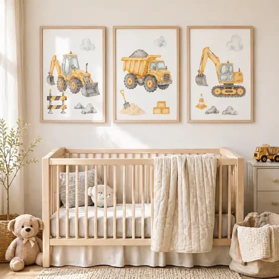 Quadro Infantil Obras Construção Caminhão Escavadeira Decorativo Quarto Bebê Menino Kit 3