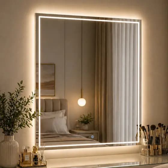 Espelho Grande com Led 3 Cores e Touch Retangular 60x40 Jateado Lapidado Banheiro Decorativo