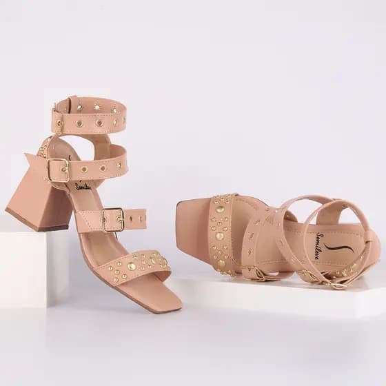 Sandália Feminina Salto Alto Bloco Tiras Esfera Blogueira Fivela Brilho Luxo Moda Promoção