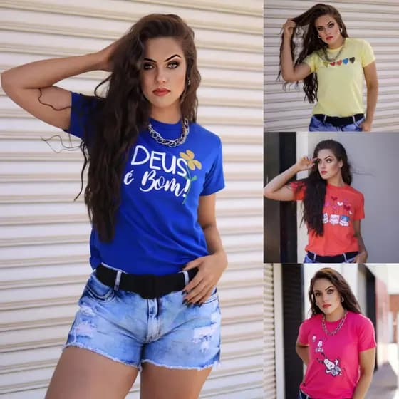 KIT 10 / 5 / e 3 Camisetas camiseta T-shirt blusas blusas Feminina 100% Algodão Estampada Manga Curta Gola Redonda