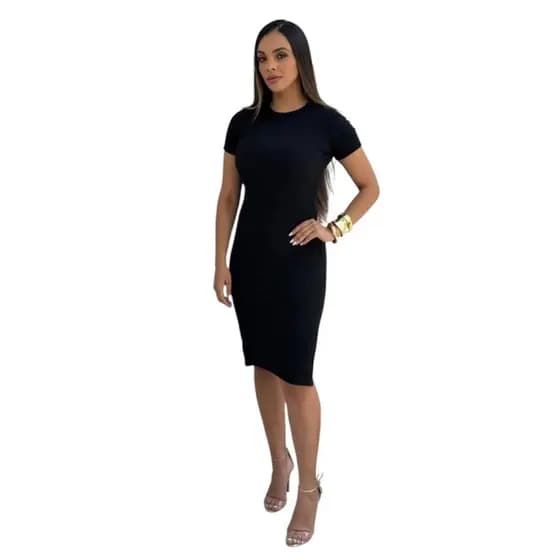 Vestido Tecido Ribana Manga Curta Casual Modelo Elegante Canelado