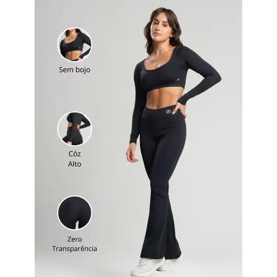 Conjunto Fitness Bailarina Academia Top Manga Longa Legging Flare Suplex Zero Transparência Feminina