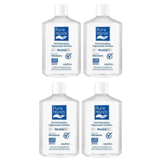 Kit 4 Álcool Em Gel Para Mãos Pure Hands Neutro 500ml
