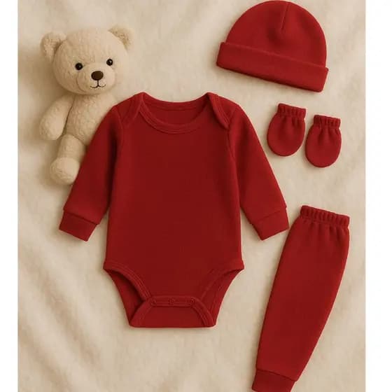 Saída Maternidade 4 Peças Pagão de Bebê Body Manga Longa Calça Vira Pé Mijão Toca E Luvinha Suedine 100% Algodão Neutra