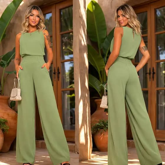 Conjunto de Calça Pantalona Zíper + Blusa sem Manga Elegante Feminino Tecido Alfaiataria Tecelino