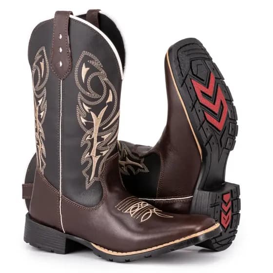 Bota Texana Masculina Country Bico Quadrado Solado De Borracha Bordado Delegada