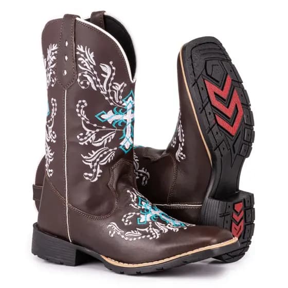 Bota Texana Feminina Country Bico Quadrado Solado Bordado Cruz Azul Espelhada