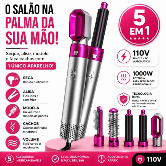 Escova Secadora 5 em 1 Multifuncional 110V Air Styler Seca Alisa Modela Cacheia Escova Elétrica AJ-G15-R