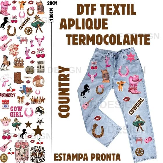 Estampa Country DTF Textil Impressão Aplique Termocolante Estampa Para Calças Jeans e Tecidos Envio No Mesmo Dia
