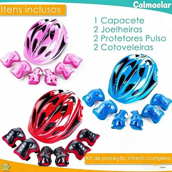 Kit Proteção Infantil 7 Peças Capacete Joelheira Cotoveleira para Bicicleta Skate Patins Patinete