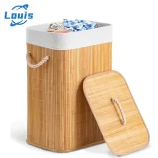 Louis Cesto De Roupa Suja Bambu 72 Litros Lavanderia Com Tampa e Alças Forrado Grande Organizador Banheiro