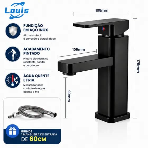 Louis Torneira Louis Banheiro Inox Monocomando Moderna Baixa, Misturador Cromada para Lavatório