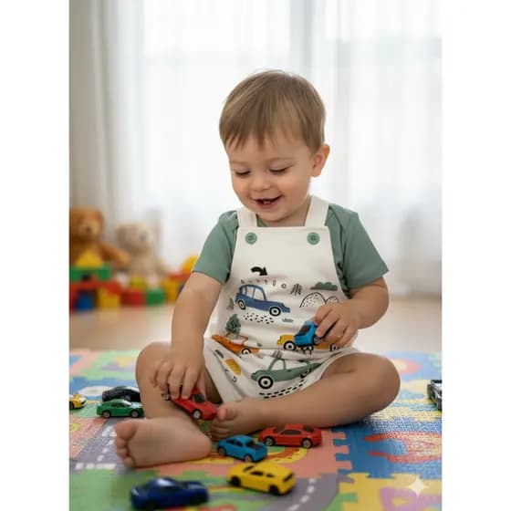 Conjunto de Jardineira 2 peças Bebê Menino Suedine Pequenos Carros