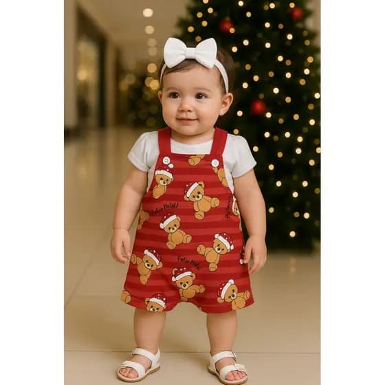 Conjunto Jardineira Bebê Unissex Suedine Natal Ursinhos Verão