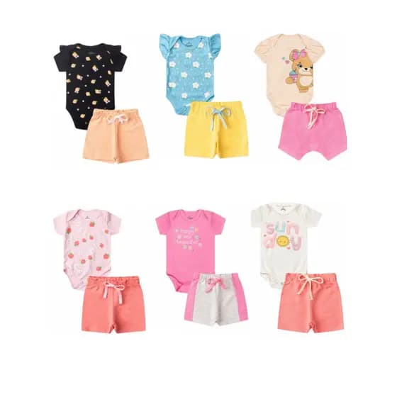 KIT 3 CONJUNTOS 6 PEÇAS BEBÊ MENINA BODY E SHORT MOLETINHO
