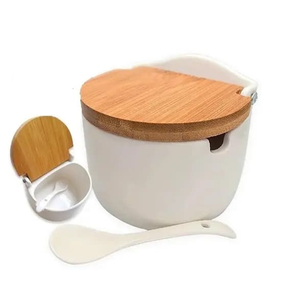 Saleiro Porcelana com Tampa de Madeira 10,3cm Hauskraft PCLN-021