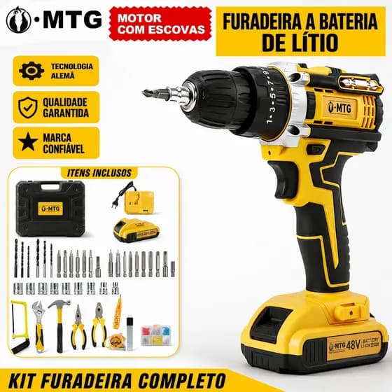 Parafusadeira e Furadeira de Impacto 48V Profissional - Kit Completo c/ 2 Baterias 128 Acessórios LED e Maleta