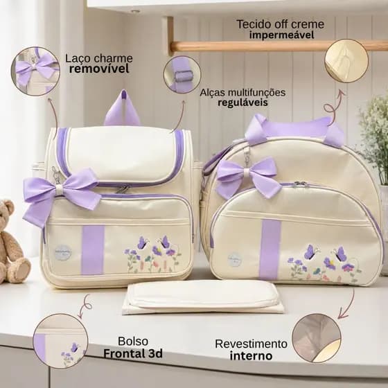 Kit Bolsa Maternidade Grande + Mochila de bebe + Trocador Impermeável Menina Flores Enxoval Luxo