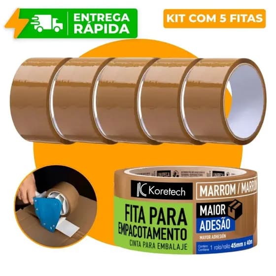 Fitas Empacotamento Adesiva Marrom Caixa Embalagem E-Commerce Papelão (45mm x 40m) Koretech